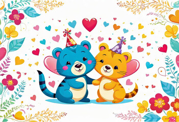 vector illustration, two funny hugging animals surrounded by hearts and decorations, congratulations from friends, children's drawing,