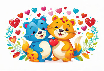 Obraz na płótnie Canvas vector illustration, two funny hugging animals surrounded by hearts and decorations, congratulations from friends, children's drawing,