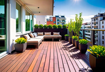 Beautiful modern terrace with wooden floor, green flowers in pots and garden furniture, Cozy sitting area in the backyard of the house, Sunny stylish terrace-balcony in the city,