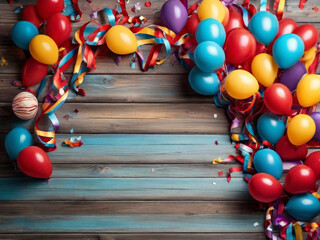 Colorful carnival or party frame of balloons, streamers and confetti on rustic wooden board


