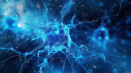 Abstract blue-coloured neuron cells in the brain on an artistic blurry cyberspace background - obrazy, fototapety, plakaty