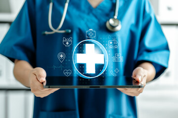 Medicine doctor hold digital tablet medical records electronically with medical icons interface virtual screen, Digital healthcare and network connection, medical technology and futuristic concept.