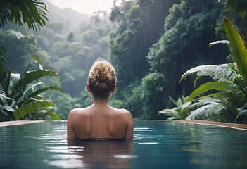 Happy woman swimming in an infinity pool overlooking the jungle, and enjoying the warm tropical rain, with copy space, thinking and dreaming