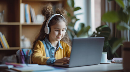 Happy schoolgirl doing learning at home assignments from teachers via laptop and headphones
