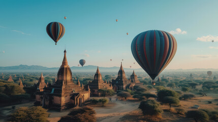 Hot air balloon flying over old antique pagodas in Bagan, Myanmar