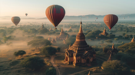 Hot air balloon flying over old antique pagodas in Bagan, Myanmar
