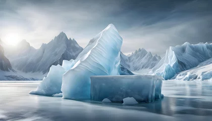 Foto op Canvas Abstract Ice background with podium, iceberg in ocean, cold winter, snow and ice, platform for displaying products on frozen mountain iceberg, arctic concept © Perecciv