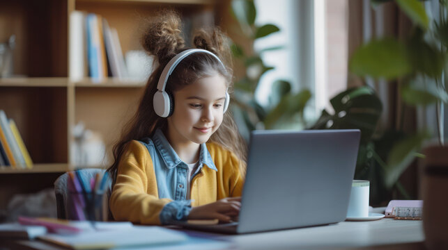 Happy Schoolgirl Doing Learning At Home Assignments From Teachers Via Laptop And Headphones