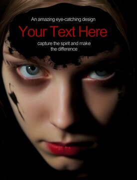 Closeup portrait of a young woman or teenage girl in the dark, dramatic lighting on her face, provocative look, amazing eye-catching design to capture the spirit and make the difference template