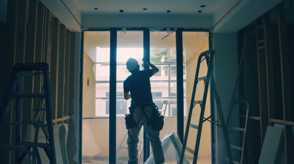 Fototapeta premium Technicians are installing glass inside the house for renovations