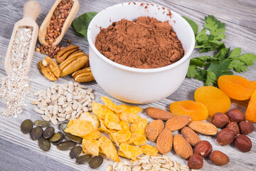 Healthy food and various ingredients as source natural magnesium, dietary fiber and other minerals