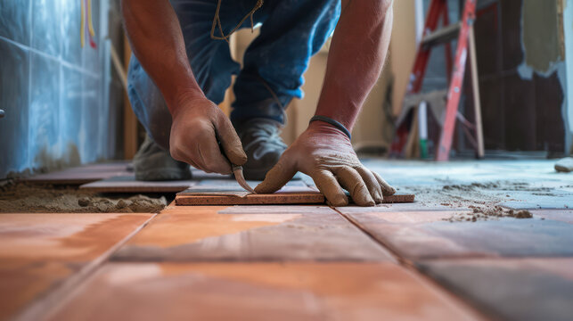 A technician laying floor tiles in a renovated house