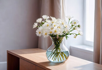 home interior with white flowers in vase for product display, modern home interior design,