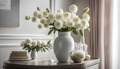 home interior with white flowers in vase for product display, modern home interior design,