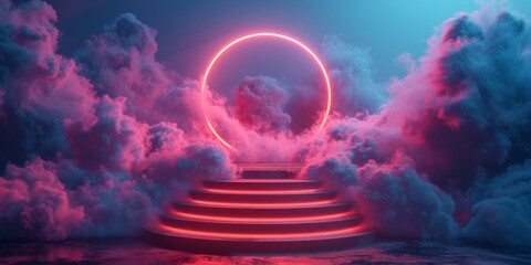 Surreal Presentation Setting: Neon Circle, Misty Clouds, And Abstract Podium. Сoncept Glamorous Red Carpet Event, Elegant Evening Gowns, Celebrity Interviews, Paparazzi Frenzy - obrazy, fototapety, plakaty