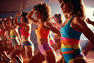 Retro Revival: 1980s Aerobics Class Brings Back the Vibrant Energy of Colorful Leotards and Leg Warmers in a High-Energy Fitness Workout.

