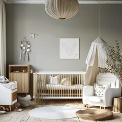 Cozy nursery interior with crib - obrazy, fototapety, plakaty