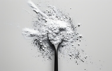 a black and white image shows a spoon of powder on a 