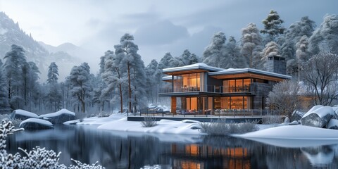 Architectural Visualisation Of Contemporary Home Amidst Winter Snowcovered Scenery. Сoncept Winter Wonderland Home, Snowy Architectural Visualisation, Contemporary Home In Winter