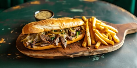 Authentic American Classic: Indulge In A Hearty Philly Cheesesteak Sandwich, Accompanied By Crispy Golden French Fries. Сoncept Philly Cheesesteak, Classic American Food, French Fries, Hearty Sandwich