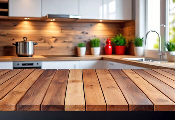 A wooden table on a blurry kitchen background, a demonstration of installation products or a design layout,