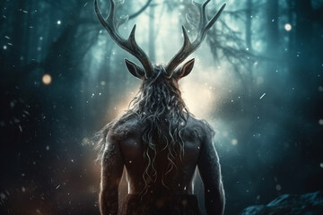Generative ai collage picture of legendary creature minotaur in haunted fantasy woods