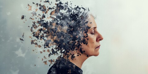 Fragmented Image Of A Woman Illustrating Cognitive Decline. Сoncept Macro Photography, Abstract Art, Conceptual Imagery, Mental Health Awareness, Visual Representation