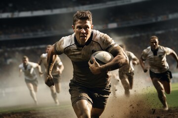 Dynamic action shot of rugby player charging with determined expression in intense game moment