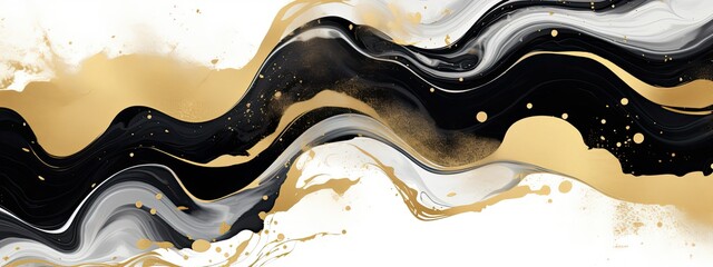 Minimalistic and chic, a vector artwork showcasing the fusion of black and white marbling and intricate golden splatter lines