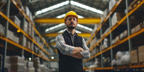 Confident Engineer Stands Tall Amidst Bustling Activity In A Warehouse Factory. Сoncept Engineering Innovations, Industrial Manufacturing, Warehouse Efficiency, Technology Advancements
