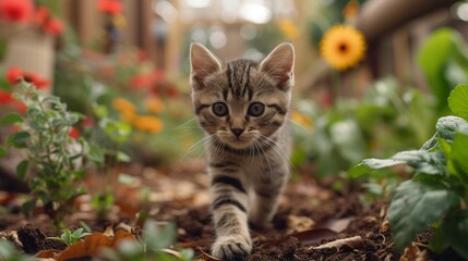 Naklejka na ściany i meble A tiny Munchkin kitten with short legs exploring a garden