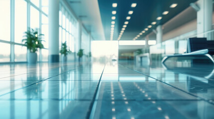 blurred background in the waiting room at the airport, in the lobby in light colors, view from below from the floor