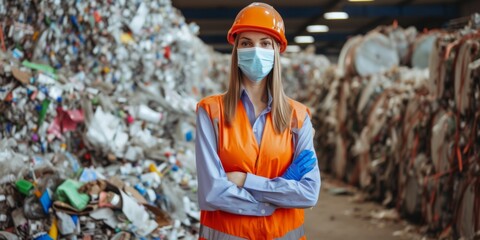 Dedicated Female Worker Promotes Recycling Through Conscientious Waste Sorting In Facility. Сoncept Recycling Ambassador, Waste Management Advocate, Eco-Friendly Workplace, Sustainability Champion