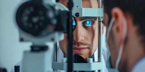 Ophthalmologist Utilizes Medical Tools To Examine Patient's Eyes. Сoncept Eye Examination, Ophthalmic Instruments, Medical Diagnosis, Optometry Techniques, Eye Health Assessment - obrazy, fototapety, plakaty