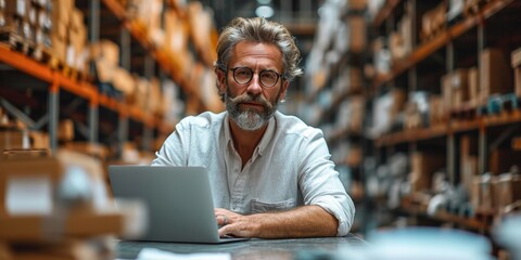 A happy and successful businessman working with a laptop in a warehouse, showcasing a modern and efficient work environment.