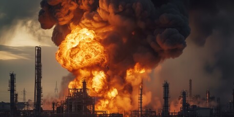 Massive Blaze And Explosions At Industrial Oil Refinery Send Thick Plumes Of Black Smoke Soaring. Сoncept Autonomous Vehicles, Space Exploration, Artificial Intelligence, Sustainable Energy Sources
