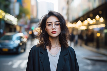 a beautiful Asian model wearing glasses with designed dress standing outside on a city street