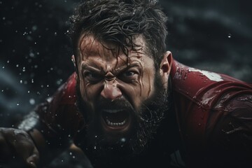 Determined rugby player in intense action shot, professional sports photography style
