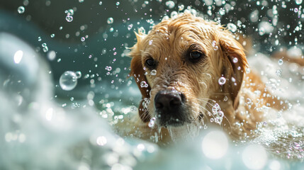 Witness the adorable sight of a wet puppy, freshly bathed, frolicking among bubbles, showcasing the playful side of pet hygiene and grooming