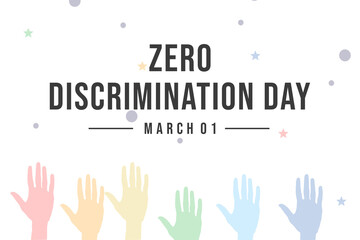 Zero Discrimination Day 1 March. white background with circles and stars with raised hands concept - obrazy, fototapety, plakaty