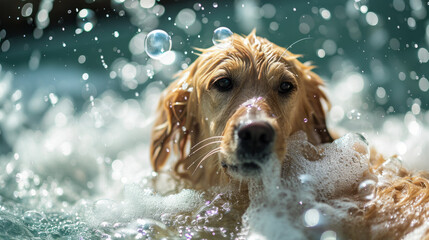 Witness the adorable sight of a wet puppy, freshly bathed, frolicking among bubbles, showcasing the playful side of pet hygiene and grooming