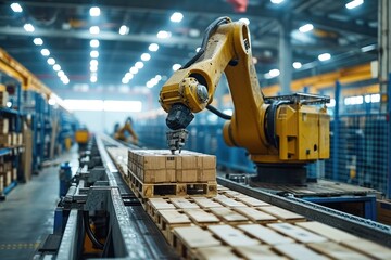 Automated Industrial Robot in Action on Manufacturing Floor - Precision Packaging and Logistics, Efficiency and Precision: Warehouse Automation with Industrial Robots and Advanced Technology
