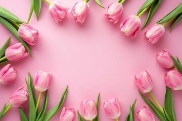 A frame of pink tulips on a solid light pink background.