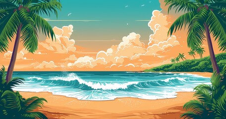 A tranquil tropical oasis, with golden palm trees swaying in the warm ocean breeze as the vibrant sky paints a breathtaking sunset over the glistening water