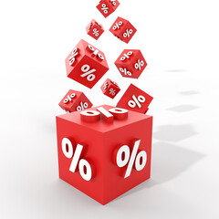 percent symbols falling from above. 3d percent cubes. 3d render cube and percent symbol