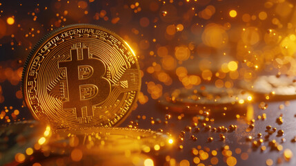 bitcoin gold coin,cryptocurrency on an orange background with glow and bokeh