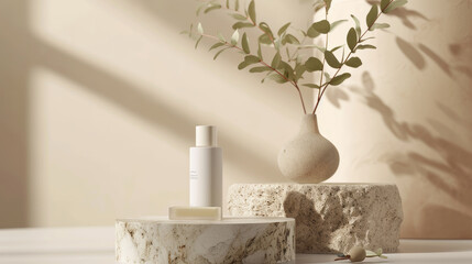 neutral-toned skincare bottles on a circular stone platform with delicate dried flowers in a vase, casting soft shadows in a bright, airy setting