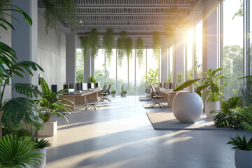 a large modern office design with many plants