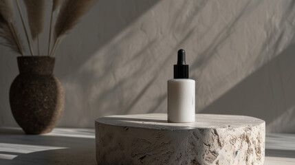 Aesthetic composition of a dropper bottle on a textured stone with a dried plant and shadows casting an artistic pattern on a warm beige background