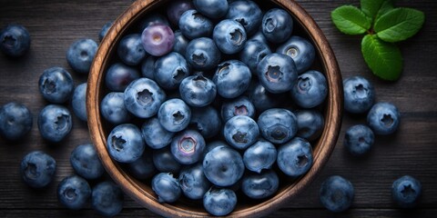 Bowl Full of Natural Blueberries on Rustic Wooden Background. Ripe Fresh Fruit. Generative AI - Powered by Adobe